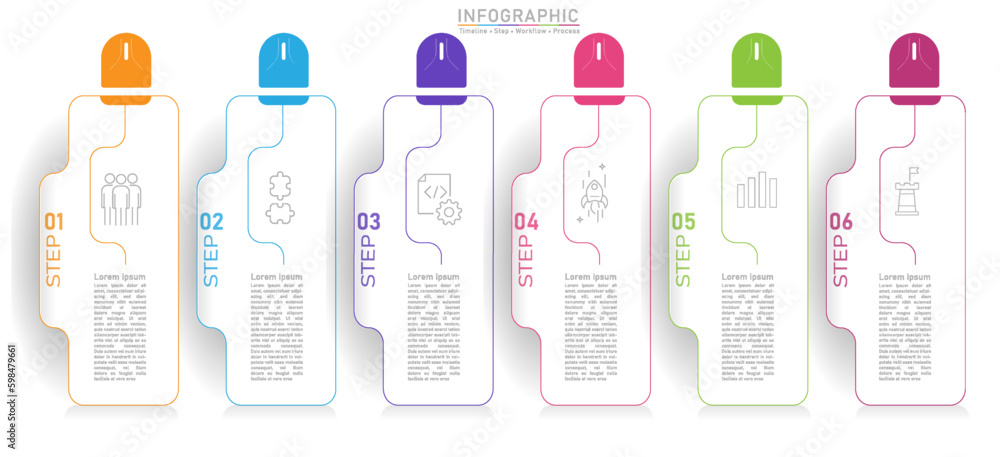 Aufkleber 6 business option world infographic template. minimal color step workflow number icon presentations.