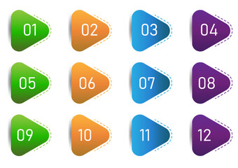 Number bullet points. Triangle pins with number 1 to 12 color object vector illustrator.