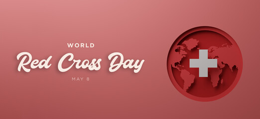 World Red Cross Day poster with silhouettes of world map in paper cut and copy space. 3d render illustration.