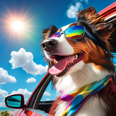 A Border Collie in the car on a sunny day wearing sunglasses 02. AI Generative