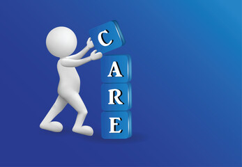 3D small people care text word in a blue box shape. Also can be used as medical, clinic, pharmacy business symbol vector image design