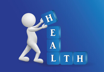 3D small people health text word in a blue box shape. Also can be used as medical, clinic, pharmacy, healthcare business symbol vector image design
