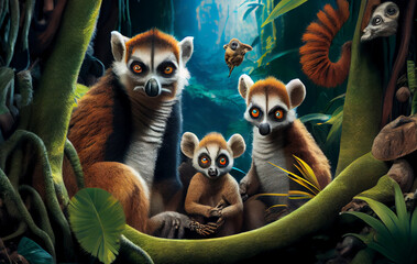 Fototapeta premium A Heartwarming Glimpse into the Enchanting World of the Lemur: Capturing the Essence of Family and Connection in the Wild Nature, cute illustration with beautiful colors - AI Generated 