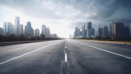Desolate road pointing towards a sleek urban center