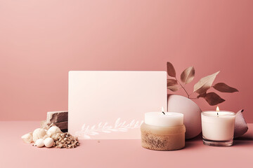 Fototapeta na wymiar A mock-up of a spa gift card with a soft pink background. Spa still life concept