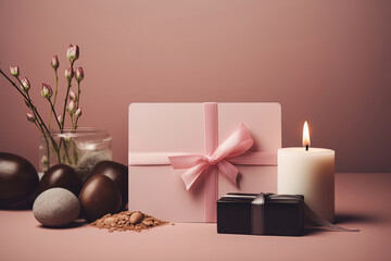 A mock-up of a spa gift card with a soft pink background. Spa still life concept