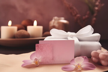 Fototapeta na wymiar Spa gift voucher, orchid flower, burning candles and white towel on the table