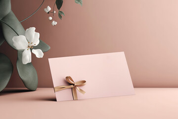 A mock-up of a spa gift card with a soft pink background. Spa still life concept