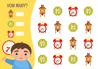 Counting educational children game, math kids activity sheet. How many objects task. Vector illustration of cute clocks.
