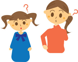 疑問に思っている母子のイラスト・はてなマーク・シングルマザー・考える・悩む