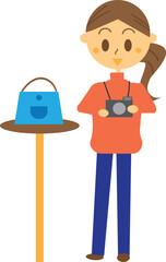 オークションサイトに出品する商品を撮影している女性のイラスト・SNS映え・カメラ・撮影