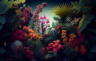 Fototapeta na wymiar Jungle Blossoms Unfurling: Vivid Flowers Blooming in Nature Amidst the Gentle Caress of a Soft Breeze, Inviting Nature's Creatures to Revel in Their Beauty and Colors. This Colorful Scene is AI genera