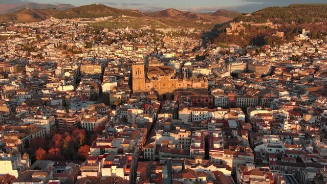 Aerial view of Granada Cathedral at sunset, a Roman Catholic church in the city of Granada, Andalusia, Spain. Baroque architecture
