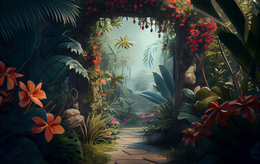 Obraz na płótnie Canvas Jungle Blossoms Unfurling: Vivid Flowers Blooming in Nature Amidst the Gentle Caress of a Soft Breeze, Inviting Nature's Creatures to Revel in Their Beauty and Colors. This Colorful Scene is AI genera
