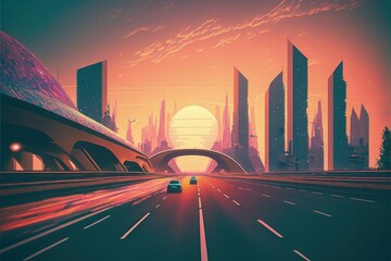 Futuristic cityscape with illuminated roads and edifices at dusk. Fantasy concept , Illustration painting. Generative AI