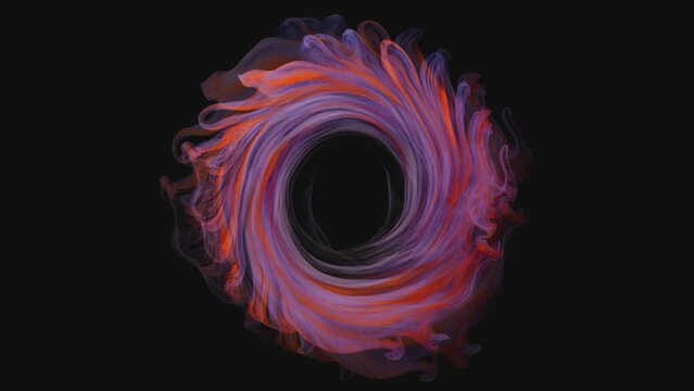 Abstract and glowing colorful smoke circle swirl on dark background. Seamless and infinite looping video animated screen saver background.