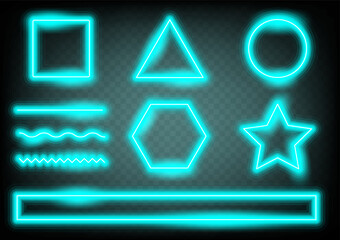 Obraz premium Set of frame shape transparent glass effect. Abstract blue light neon border shape. Object element glowing vector background.