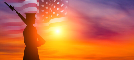 Silhouette guard of honor on the background of the American flag. USA holidays. 3d illustration. - obrazy, fototapety, plakaty