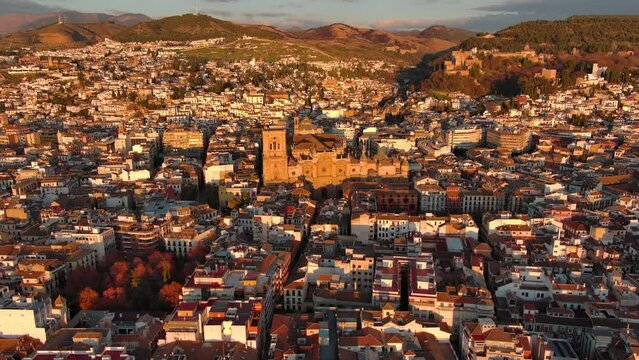 Aerial view of Granada Cathedral at sunset, a Roman Catholic church in the city of Granada, Andalusia, Spain. Baroque architecture