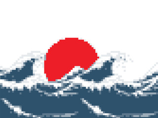 Fototapeta premium Pixelate Japanese wave with red sun background