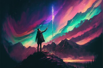 Fototapeta premium The conductor holds his baton while standing atop a mountain, gazing at the Northern Lights in the night sky. Fantasy concept , Illustration painting. Generative AI