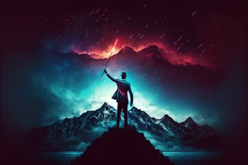 The conductor holds his baton while standing atop a mountain, gazing at the Northern Lights in the night sky. Fantasy concept , Illustration painting. Generative AI