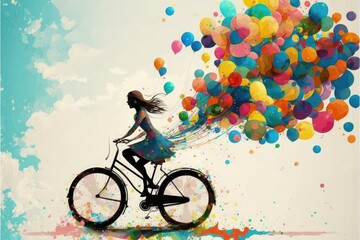 Fototapeta na wymiar A woman riding a bicycle with colorful balloons in the sky. Fantasy concept , Illustration painting. Generative AI