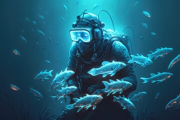 Diver surrounded by glowing fish in the ocean. Fantasy concept , Illustration painting. Generative AI