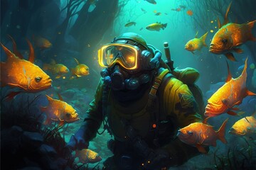 Diver surrounded by glowing fish in the ocean. Fantasy concept , Illustration painting. Generative AI