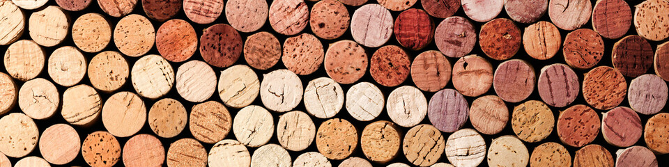 Long wide banner of wine cork from red and white wine, natural texture used bottle stoppers top view, color gradient. horizontal format background from closeup wooden corks. Natural colored