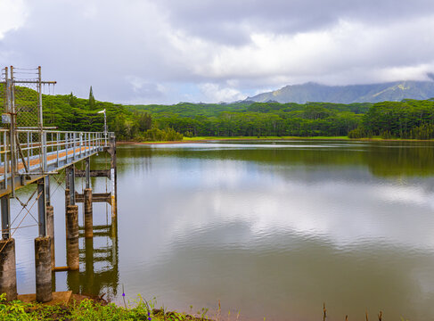 Cloud Covered Mountains Reflection In The Wailue Reservoir, Wailua Homesteads, Kauai, Hawaii, USA