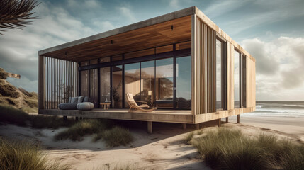 Cozy modern beach cabin with a wooden facade. Generative AI