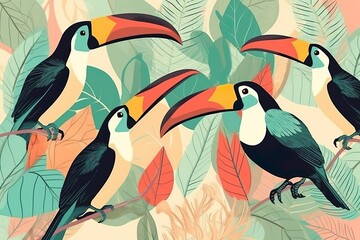 Impresión botánica abstracta dibujada a mano. Collage creativo de patrones con pájaro tucán.