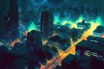 Aerial view of vibrant city lights at night. Fantasy concept , Illustration painting. Generative AI