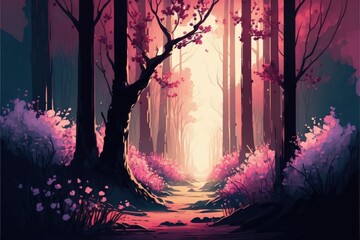 Colorful springtime forest landscape with blooming trees and flowers at sunset. Fantasy concept , Illustration painting. Generative AI