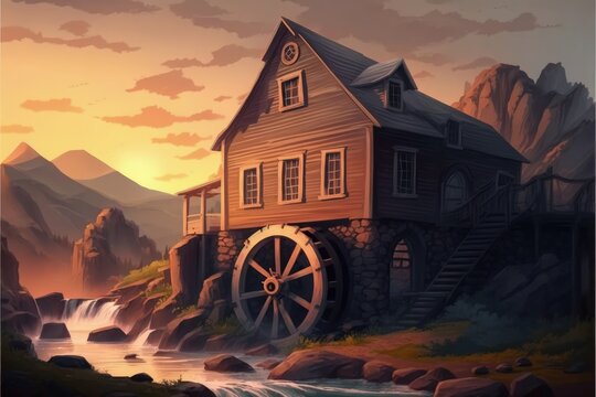 mountain cabin with waterwheel on rocky terrain. Fantasy concept , Illustration painting. Generative AI