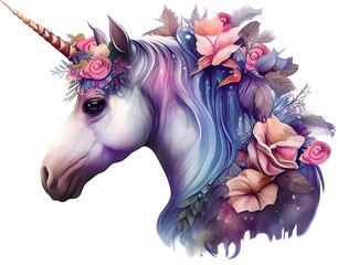 Watercolor portrait of a purple unicorn with flowers, fantasy character