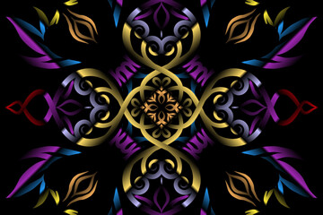 Beautiful caleidoscope colourful gradient flowers line art of traditional background batik dayak ornament design template elements