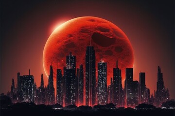 Fototapeta na wymiar Nocturnal cityscape of futuristic metropolis with crimson planet in background. Fantasy concept , Illustration painting. Generative AI