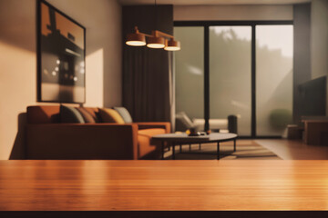 Table top with Blurred sofa Home interior decoration