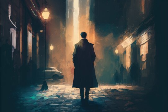 Enigmatic male standing on pavement. Fantasy concept , Illustration painting. Generative AI