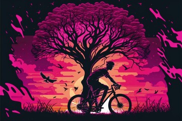 Biker cycling in meadow with imaginative tree and multicolored firmament. Fantasy concept , Illustration painting. Generative AI