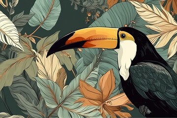 Impresión botánica abstracta dibujada a mano. Collage creativo contemporáneo con pájaro tucán. Plantilla de moda para el diseño. - obrazy, fototapety, plakaty