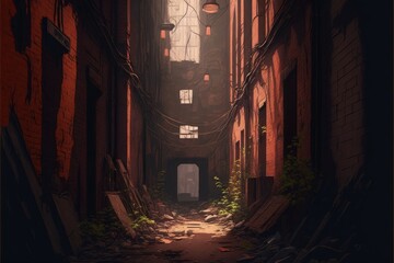 Fototapeta na wymiar Grimy nook of ancient alley with forsaken constructions. Fantasy concept , Illustration painting. Generative AI