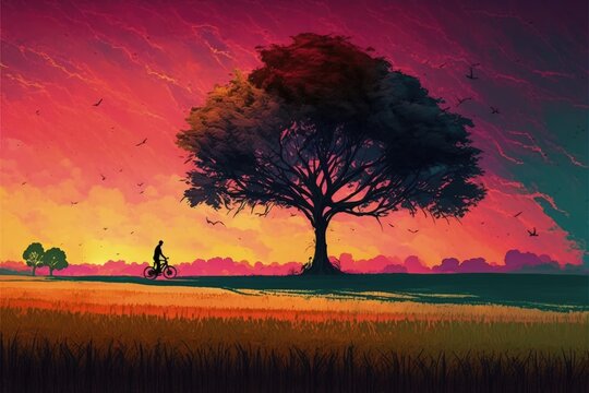 Biker cycling in meadow with imaginative tree and multicolored firmament. Fantasy concept , Illustration painting. Generative AI