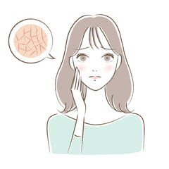 肌のキメが乾燥・肌トラブルに悩む若い女性のイラスト © Takae
