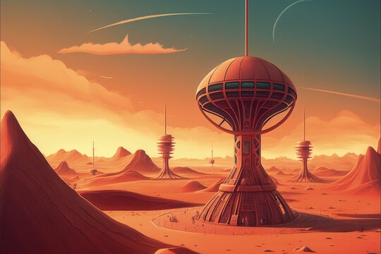 sci-fi construction in a desert landscape. Fantasy concept , Illustration painting. Generative AI