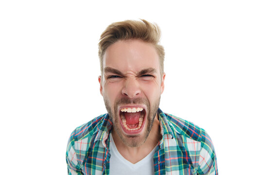 selfie man yelling in studio. photo of selfie man wearing checkered shirt. selfie man