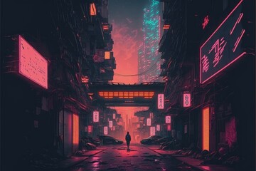 sci-fi themed artwork depicting a night scene of an old street in futuristic metropolis. Fantasy concept , Illustration painting. Generative AI
