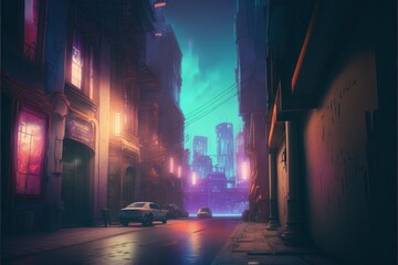 sci-fi themed artwork depicting a night scene of an old street in futuristic metropolis. Fantasy concept , Illustration painting. Generative AI